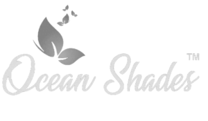 A logo on a black background features the text "Ocean Shades" in elegant cursive font. To the left of the text, there is an illustration of three leaves with three small butterflies reminiscent of a delicate perfume spray above them.