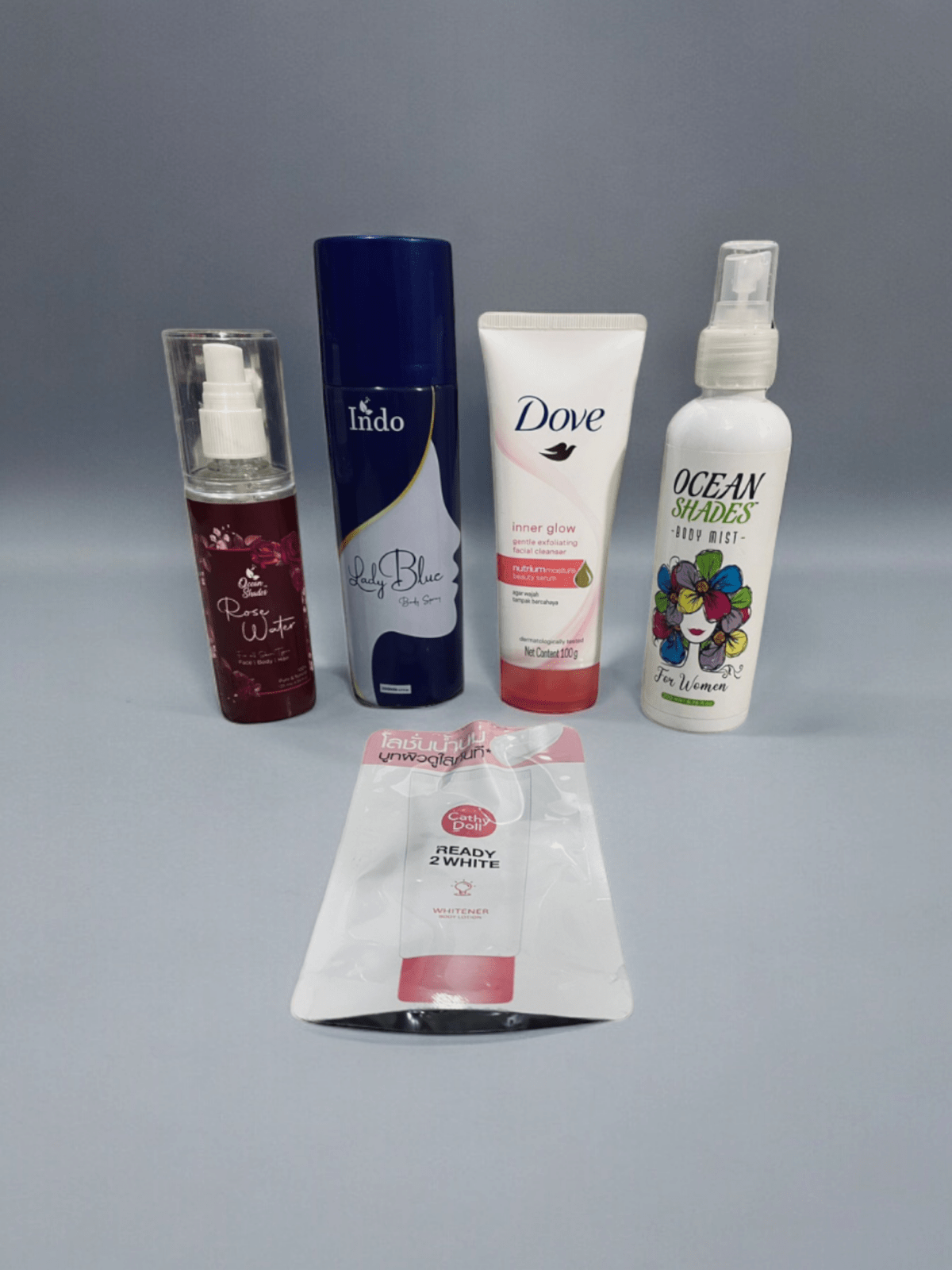 Pack of 5 Items Gift Box, featuring indo body spray, Dove inner glow, body mist, rose water, and Cathy Doll whitener cream. Perfect for any occasion