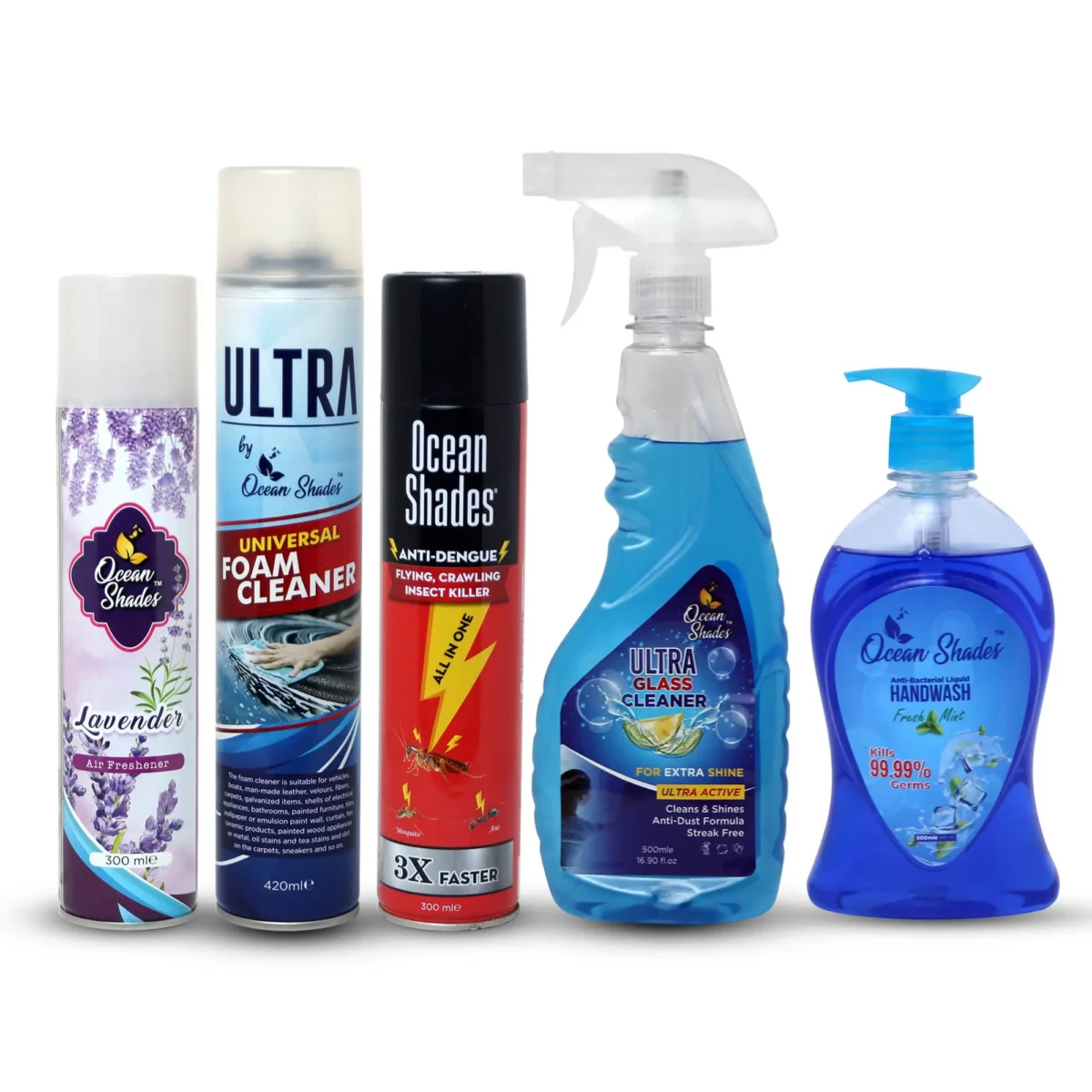 Revamp your space with our Essentials Bundle from Ocean Shades Deal No. 02: Mosquito Killer, Foam Cleaner, Glass Cleaner, Handwash, and Air Freshener - all in one budget-friendly package!
