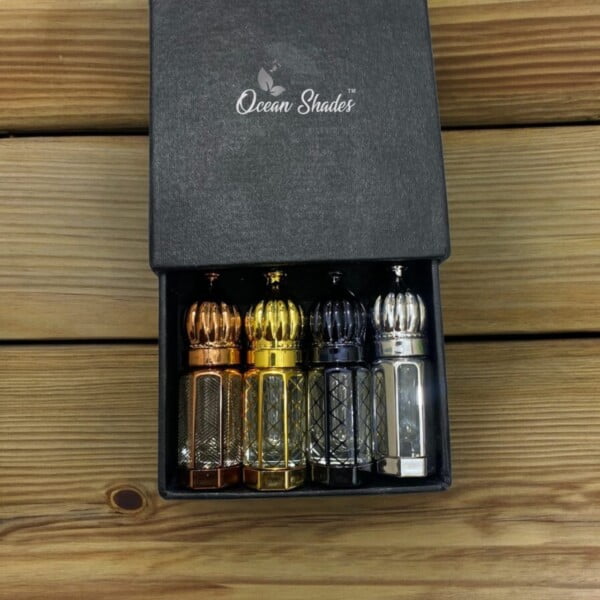 Ocean Shades 4-Attar Gift Box, featuring four premium quality attars in 6ml fancy bottles. Perfect for any occasion