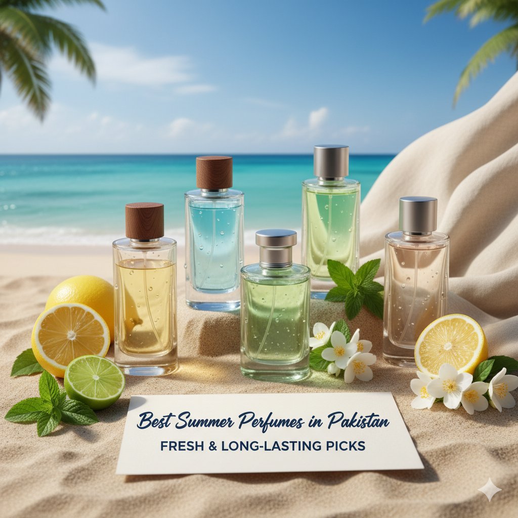 Flat lay of summer perfumes on a bright background – best fresh and long-lasting perfumes in Pakistan for hot weather.